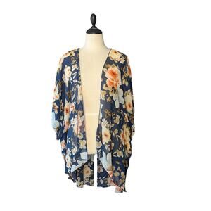 Emory Park Women's Blue Floral Sheer Kimono Shawl Size XXL Short Sleeve